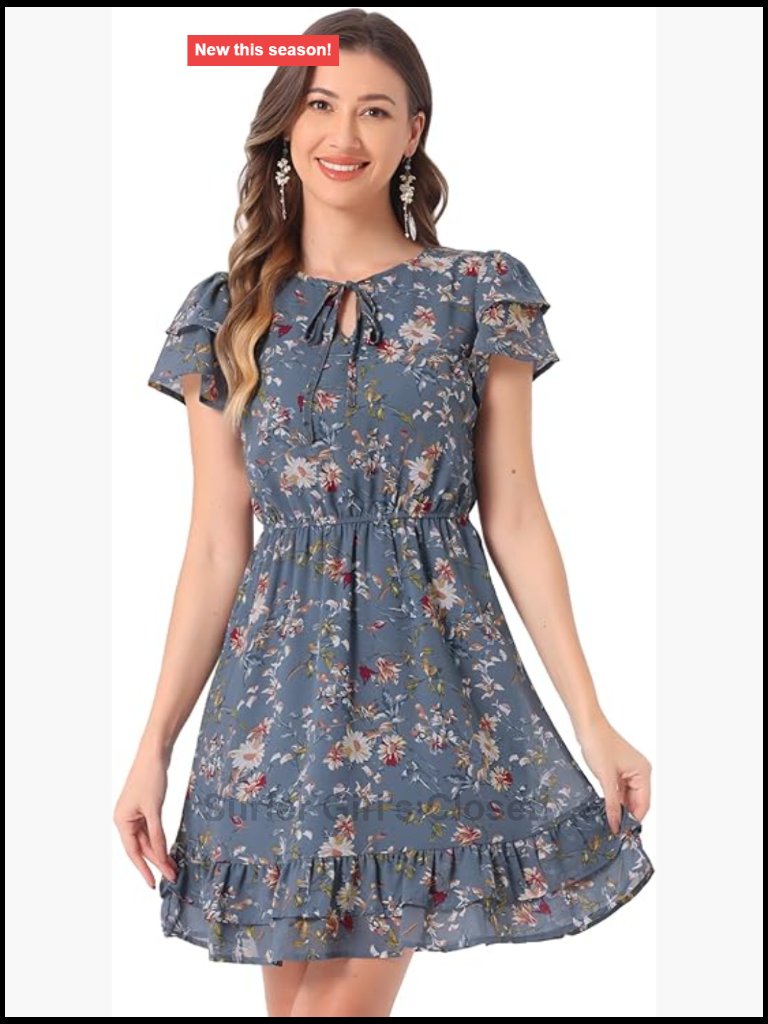 Ruffle Sleeve V Neck Flowy A-Line Floral Chiffon Mini Dress